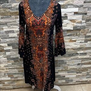 New Directions Black and Orange Long Sleeve Dress